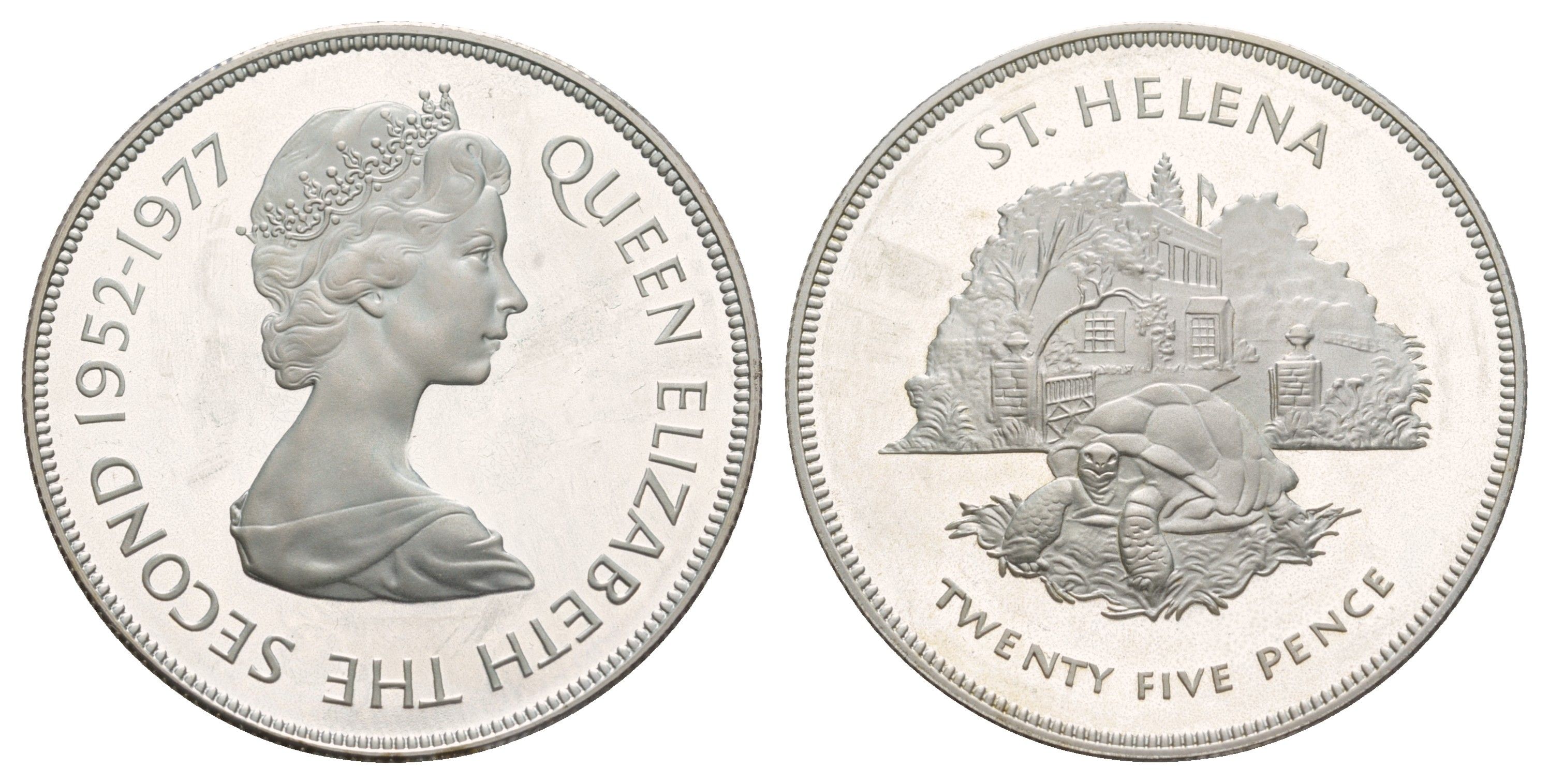 Остров Святой Елены 25 пенсов 1977 Гигантская черепаха, 25 лет правлению Королевы Елизаветы II KM 6a серебро PROOF 413-3311