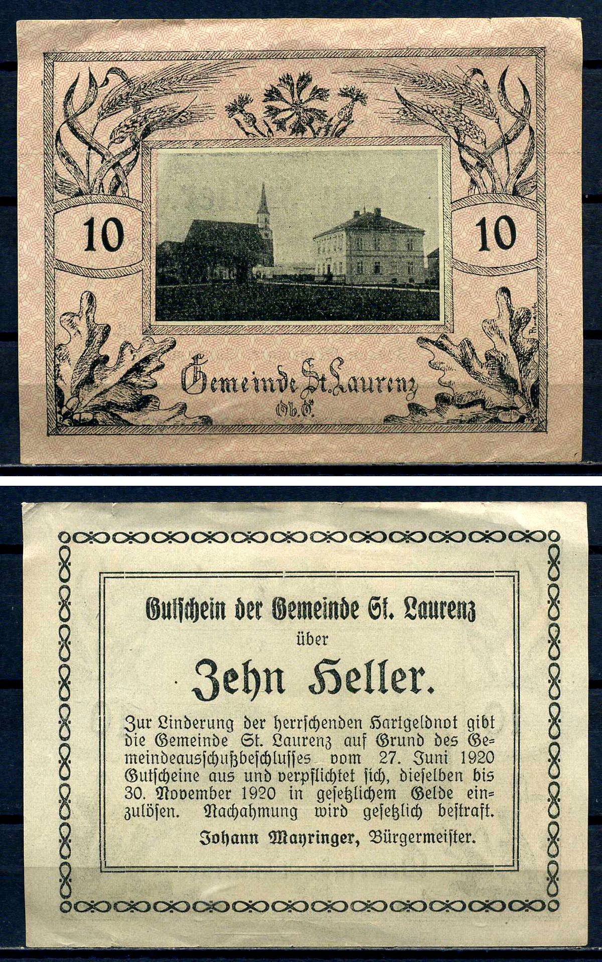 Санкт-Лоренц (Австрия) 10 геллеров 1920 бумага 7556-25-2-2