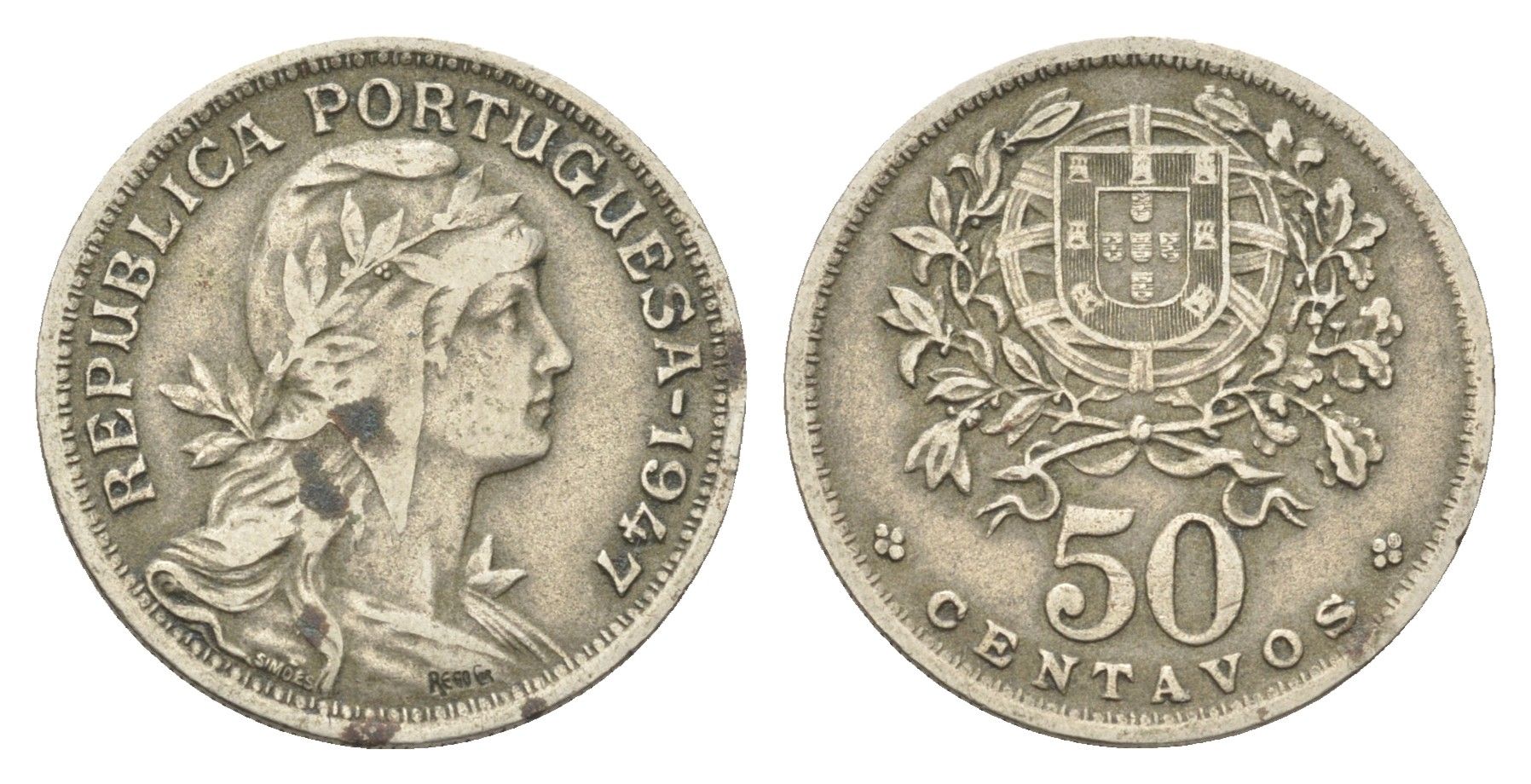 Португалия 50 сентаво 1947 голова Свободы вправо KM 577 никель латунь 4659-634