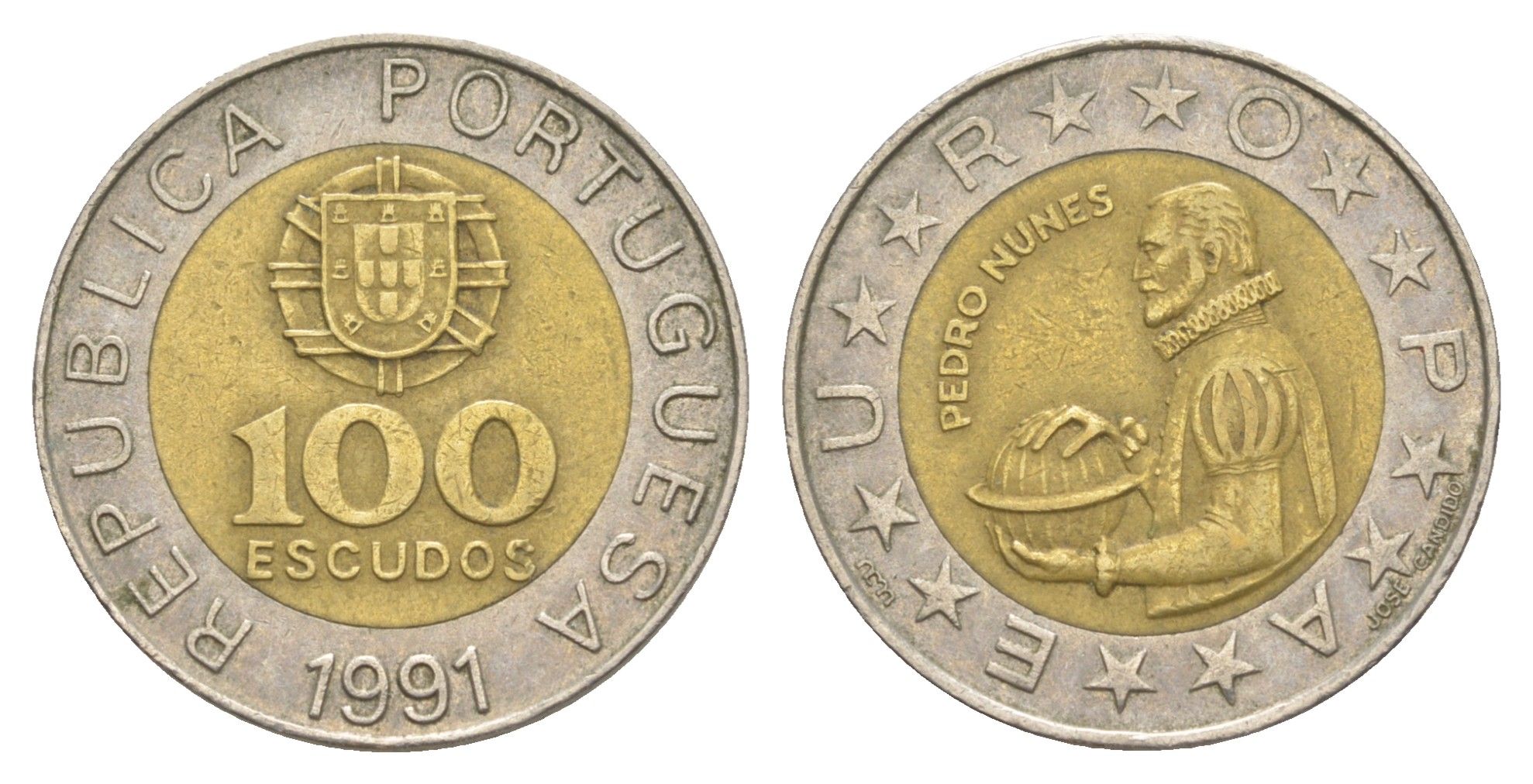 Португалия 100 эскудо 1991 Педру Нуниш (1502-1578), математик KM 645 биметалл 4390-626