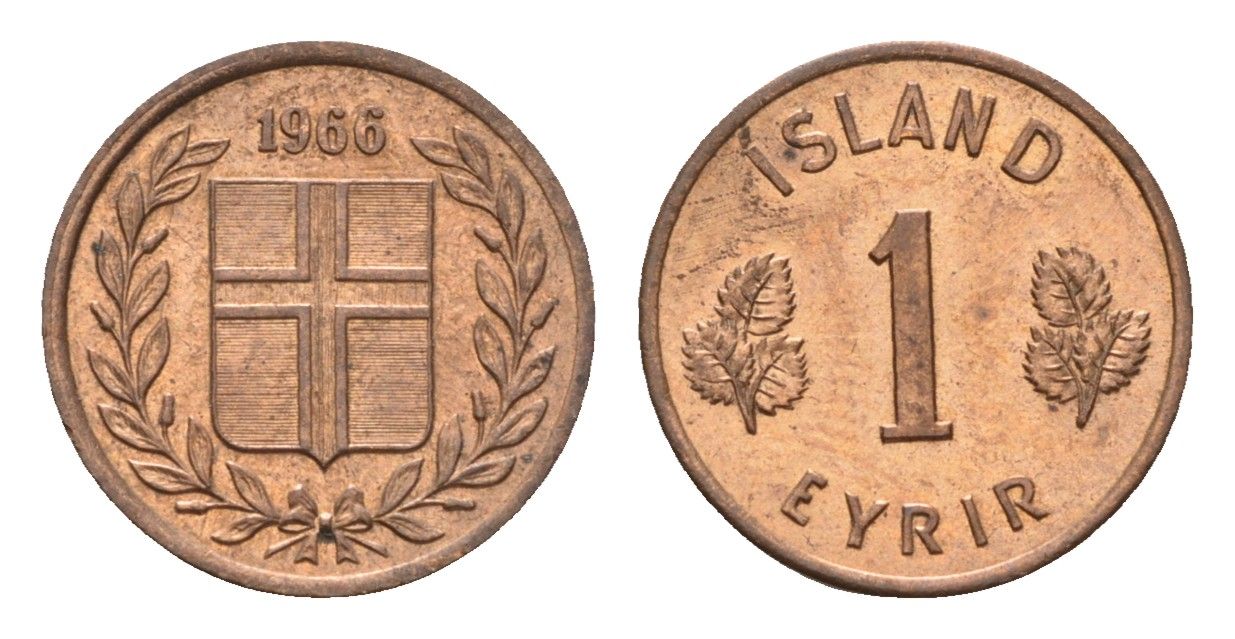 Исландия 1 эйре 1966 KM 8 бронза UNC 4690-737
