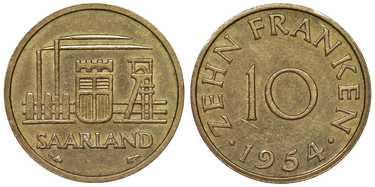 Саарланд 10 франков 1954 индустрия KM 1 алюминиевая бронза 4119-856