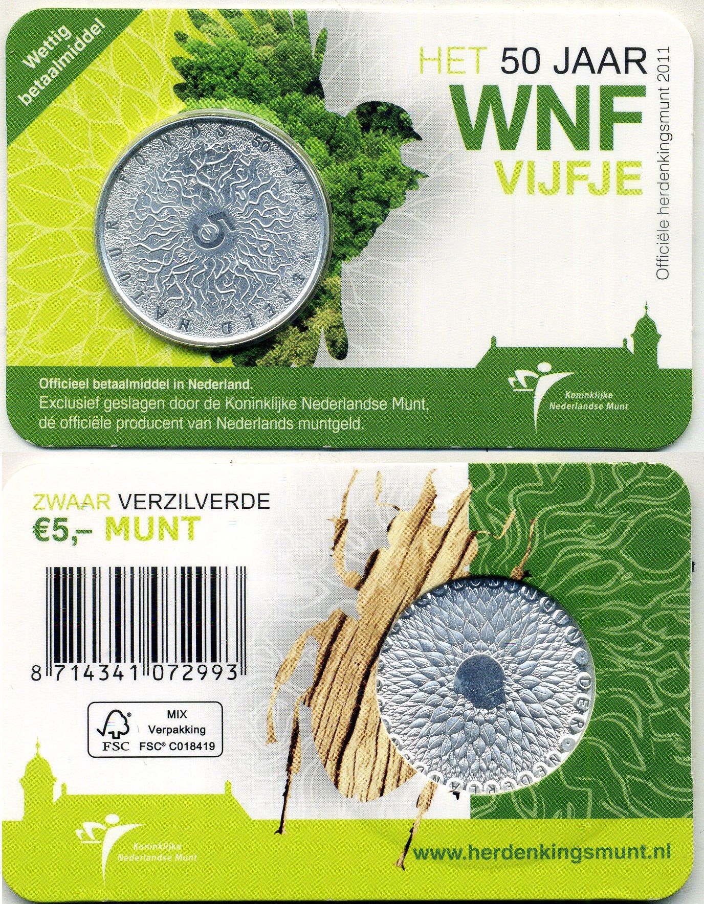 Нидерланды 5 евро 2011 50 лет Фонду дикой природы, в оригинальном блистере KM 305 медь плакированная серебром BU 4-5-2-32