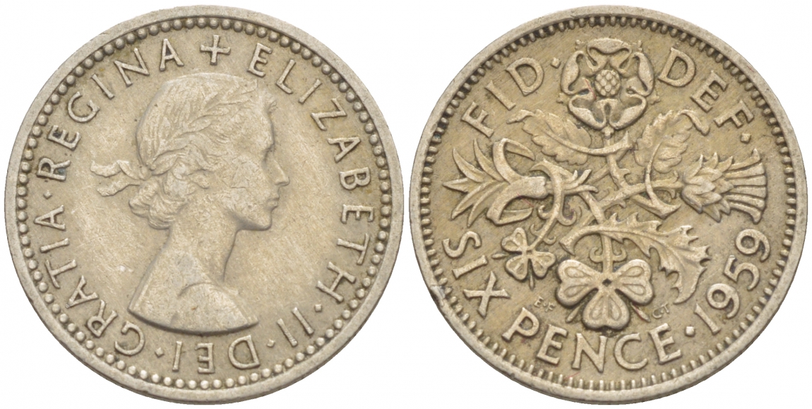 Великобритания 6 пенсов 1959 Елизавета II (1952-2022) KM 903, Spink 4149 медно-никель 4528-1052