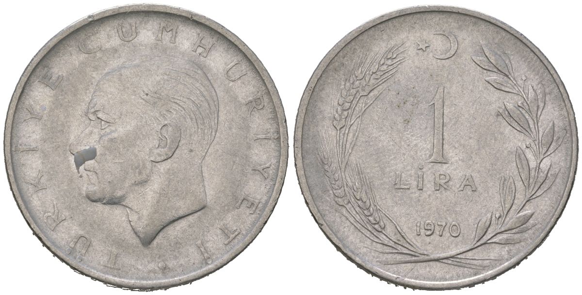 Турция 1 лира 1970 Мустафа Кемаль Ататюрк KM 889a.2 нержавеющая сталь 4616-1256
