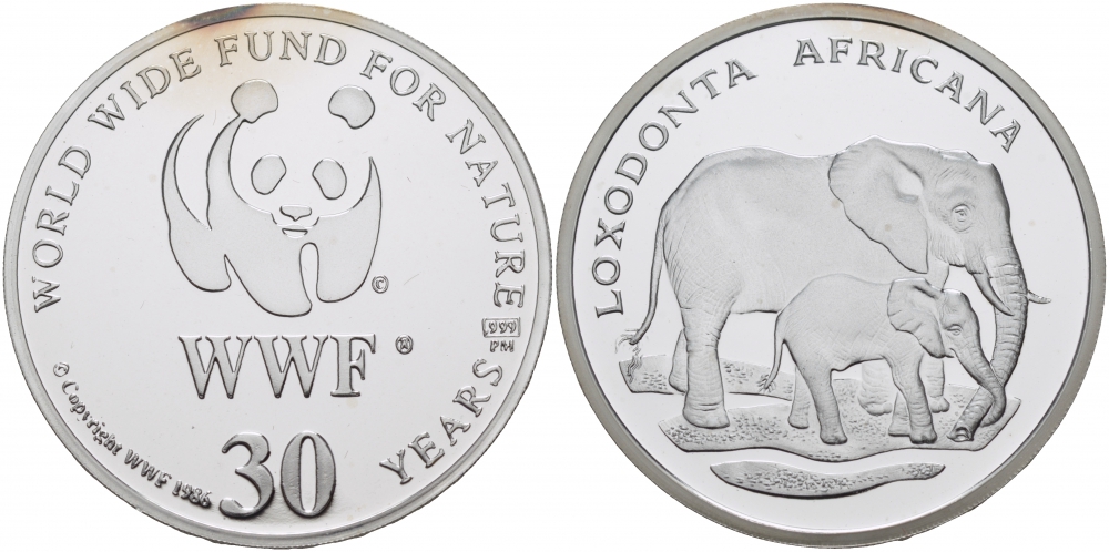 ЕВРОПА МЕДАЛЬ 1986 30 ЛЕТ WWF, СЛОН, LOXODONTA AFRICANA серебро PROOF 00-00