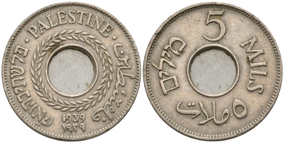 Израиль, Палестина 5 милсов 1939 британская администрация (1927-1948) KM 3 медно-никель    4154-416