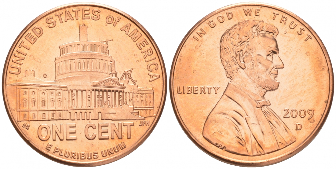 США 1 ЦЕНТ 2009 D, СЕРИЯ 200 ЛЕТ СО ДНЯ РОЖДЕНИЯ АВРААМА ЛИНКОЛЬНА - ПРЕЗИДЕНСТВО В ВАШИНГТОНЕ KM 444 цинк плакированный медью UNC M32-8