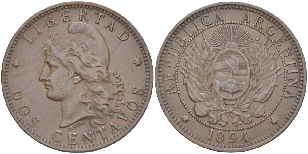 Аргентина 2 сентаво 1894 голова свободы влево KM 8 бронза 4512-736