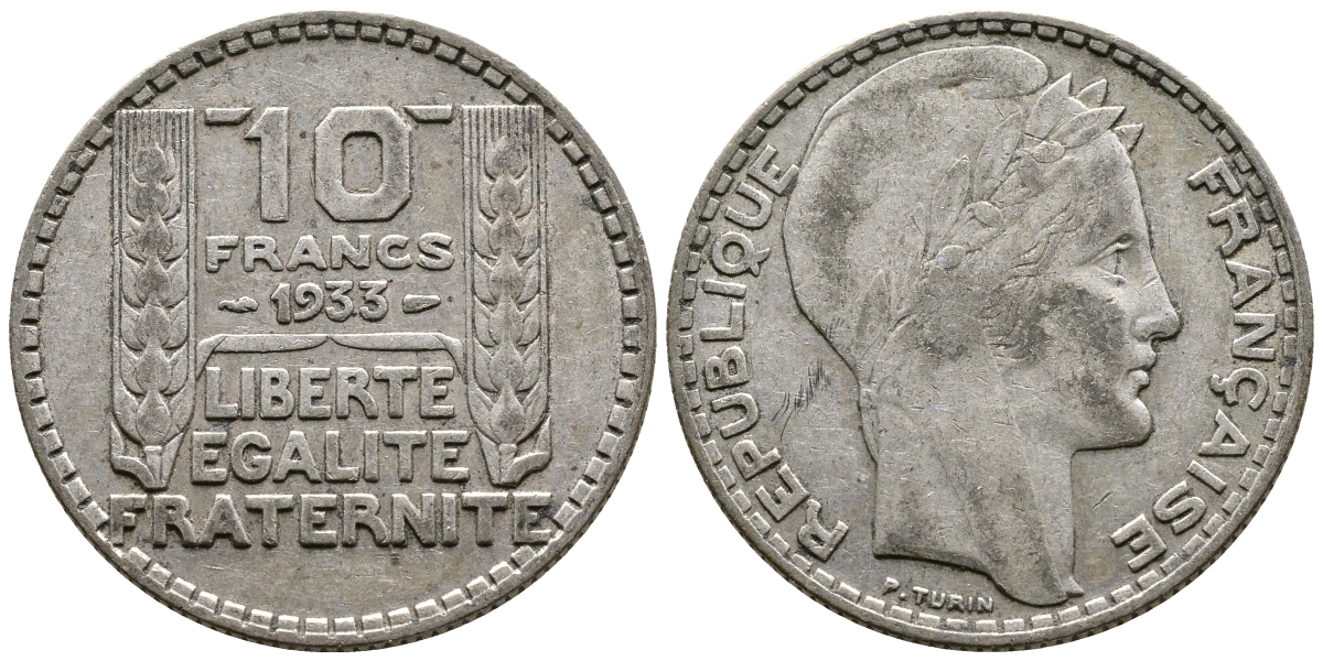 Франция 10 франков 1933 Пьер Тюрен KM 878, Le Franc 360.6 серебро 63-741