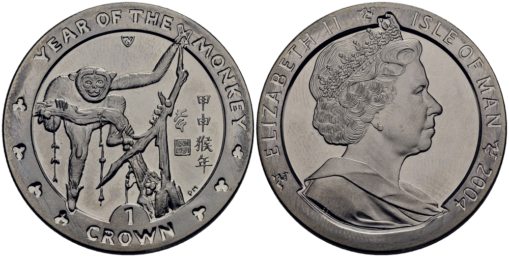 Остров Мэн 1 крона 2004 год обезьяны KM 1238 медно-никель UNC M91-20