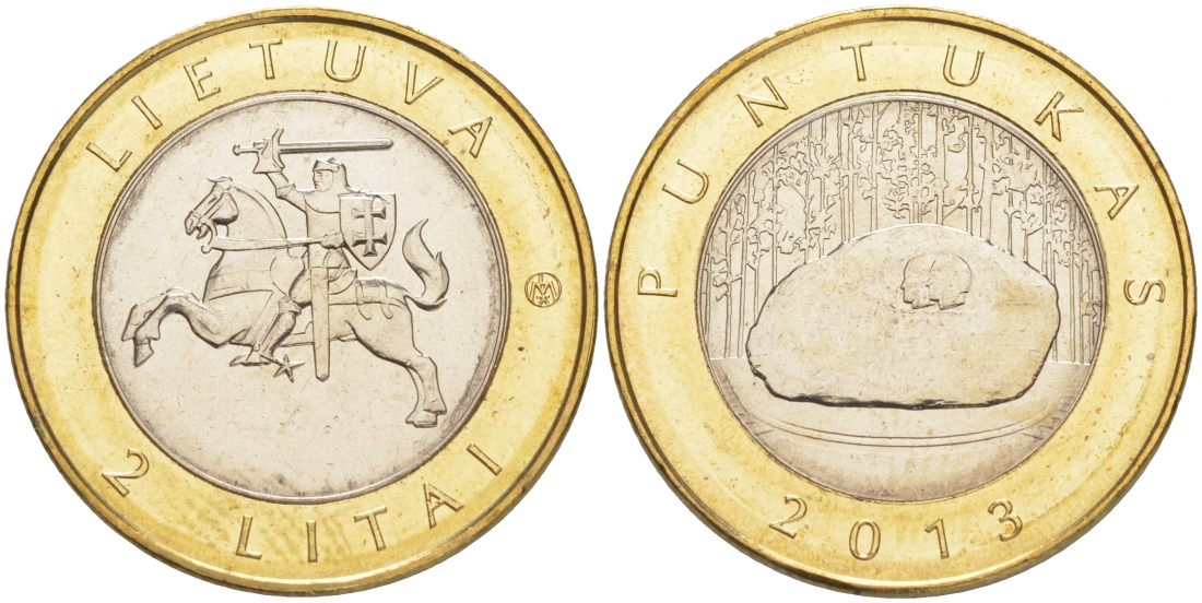 Литва 2 лита 2013 серия создано человеком и природой, валун Пунтукас KM 189 биметалл UNC M38-04