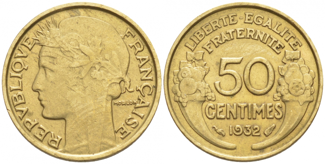 ФРАНЦИЯ 50 САНТИМОВ 1932 ТИП MORLON, OPEN 9, С ЯГОДОЙ KM 849.1, LE FRANC 192.7 алюминиевая бронза 3955-1226