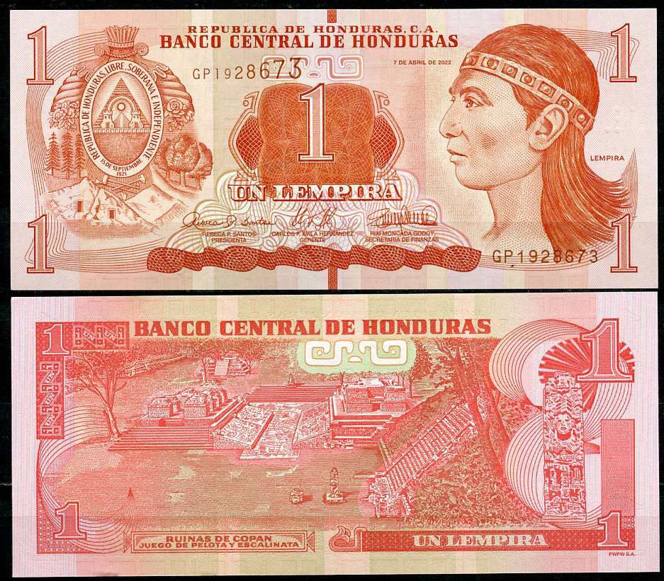 Гондурас 1 лемпира 2022 руины Копан, остатки древнего города Инков Pick 96  бумага  UNC (пресс) 450-61-1
