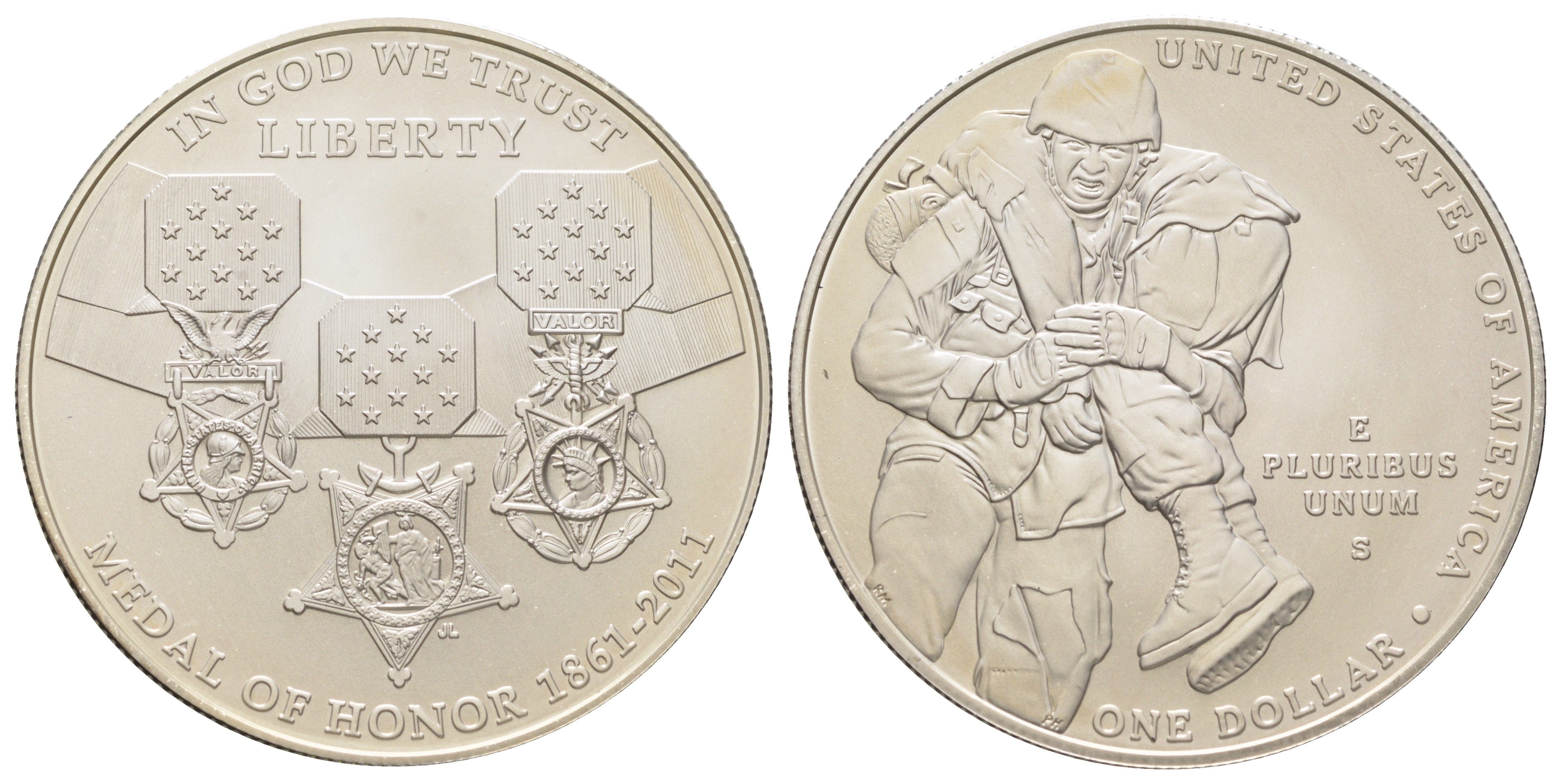 США 1 доллар 2011 S, Медаль Почёта, в оригинальной упаковке, с сертификатом KM 504 серебро BU 8-2-05-12