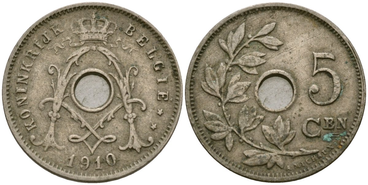 Бельгия 5 сантимов 1910 Belgie KM 67 медно-никель 4136-514