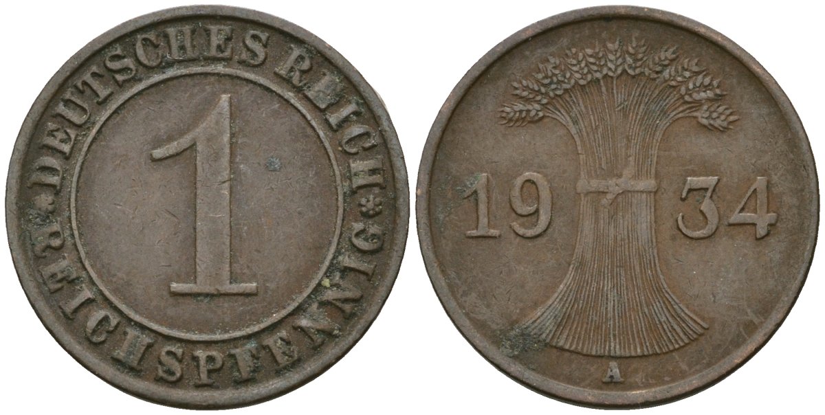Германия 1 рейхспфенниг 1934 A KM 37, J. 313 бронза 4189-1227