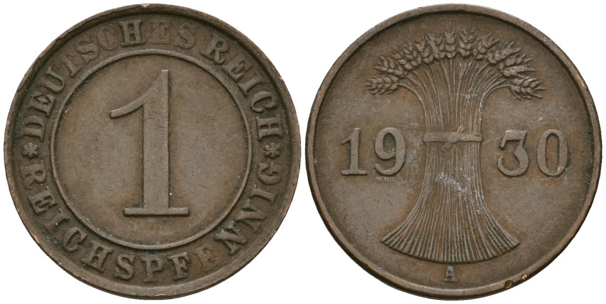 Германия 1 рейхспфенниг 1930 A KM 37, J. 313 бронза 4189-1132