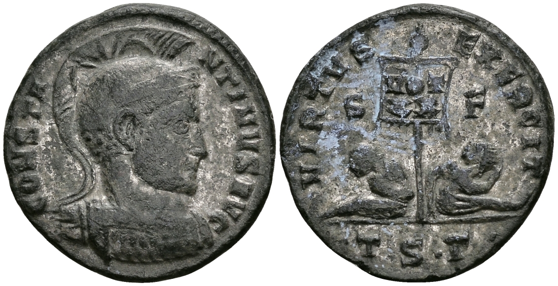 Римская Империя нуммий 319 Константин I Великий VIRTVS EXERCIT Фессалоника about Extremely fine RIC 75 бронза, серебрение 1073-3-2-5