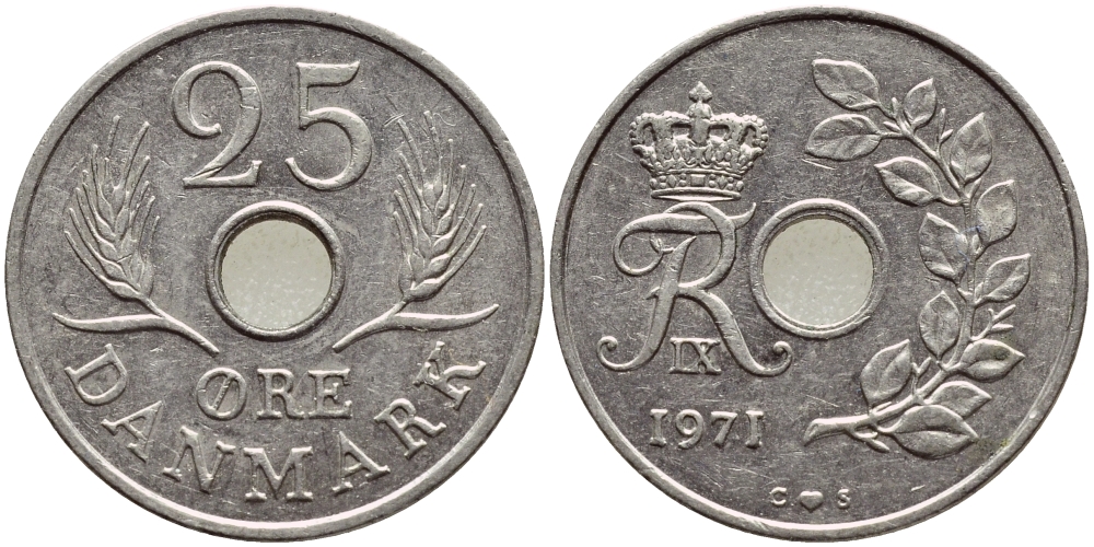 ДАНИЯ 25 ЭРЕ 1971 С; S, ФРЕДЕРИК IX (1947-1972) KM 855.1 медно-никель 4398-1011