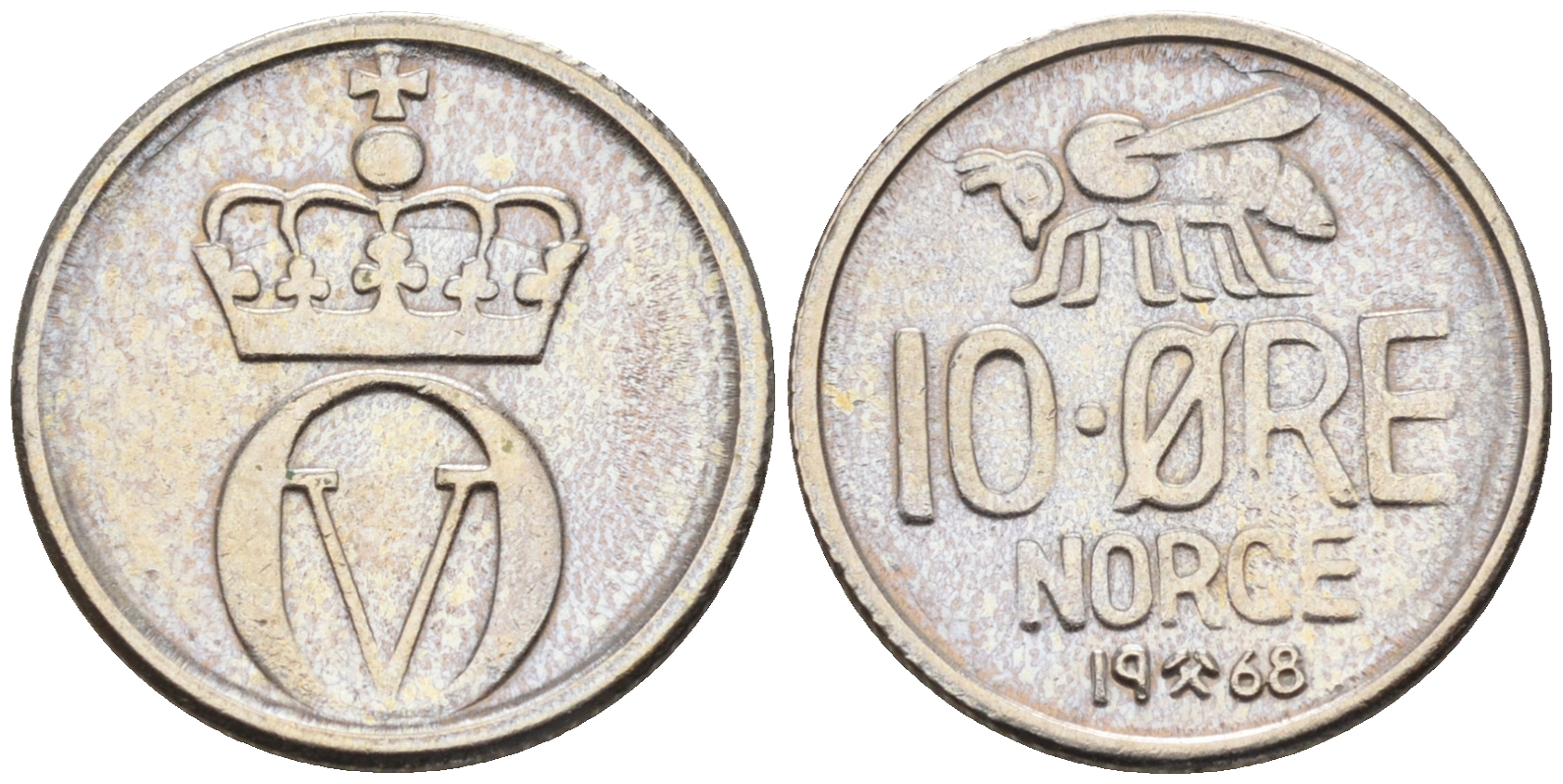 Норвегия 10 эре 1968 пчела, Улаф V (1958-1991) KM 411 медно-никель  4169-326