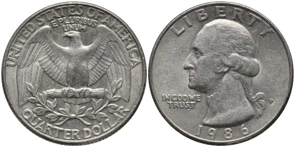 США 25 ЦЕНТОВ = КВОТЕР 1986 P, ВАШИНГТОН KM А164а медь плакированная медно-никелем 113-512