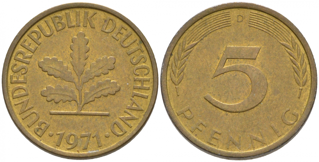 ФРГ 5 ПФЕННИГОВ 1971 D KM 107, J. 382 сталь плакированная латунью 44-141