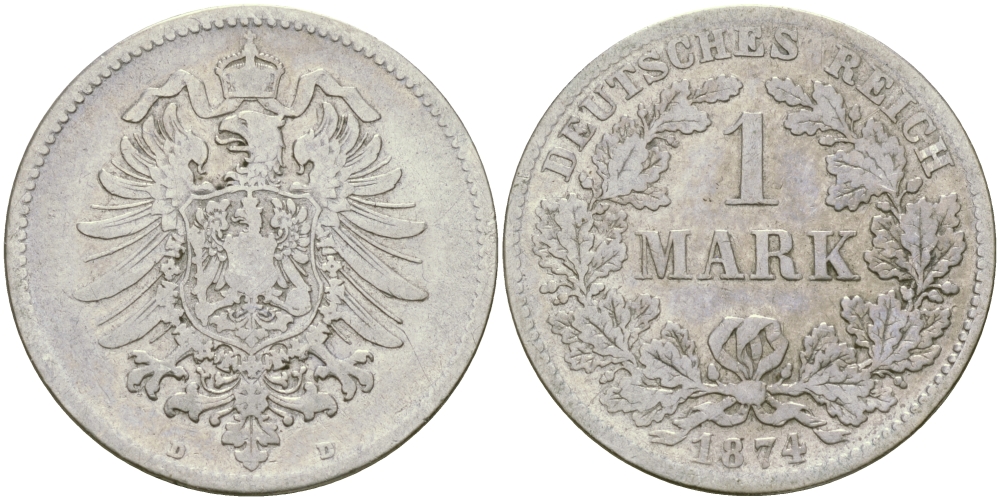 Германия 1 марка 1874 D Weege 17, J. 9, KM 7 серебро 98-1234