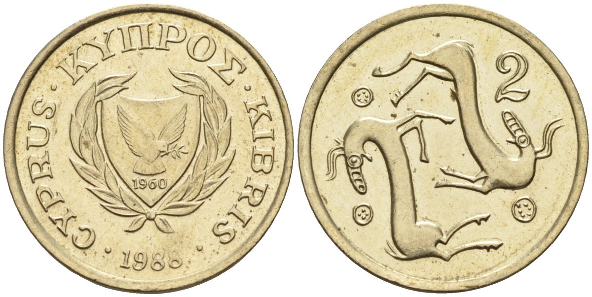 Кипр 2 цента 1988 KM 54.2 никель латунь 4580-259