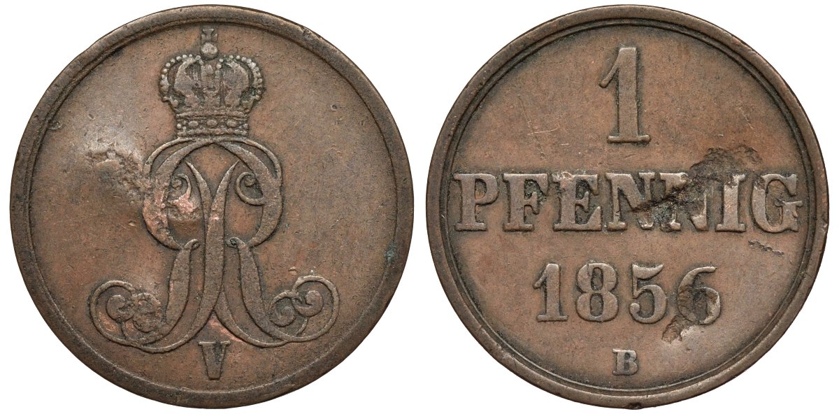 Ганновер 1 пфенниг 1856 B, Георг V KM 221, AKS 155, J. 83 медь 4594-247