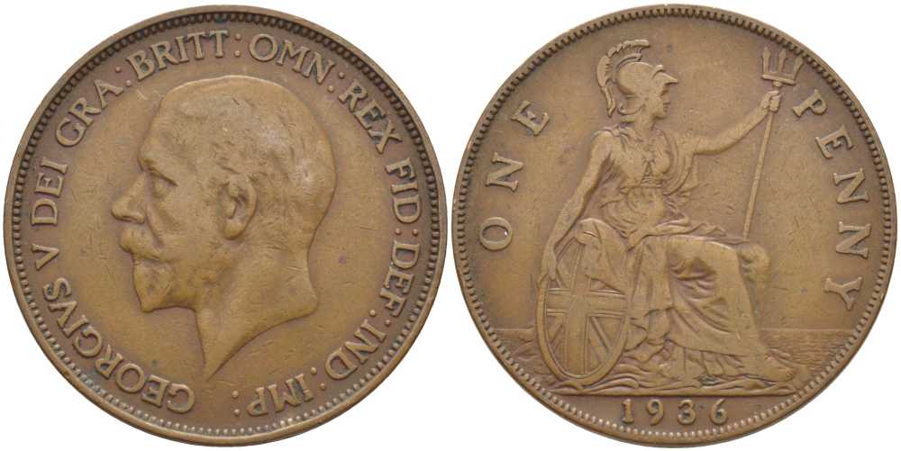 Великобритания 1 пенни 1936 Георг V (1910-1936) KM 838, Spink 4055 бронза 115-322