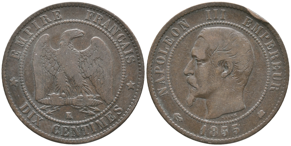 ФРАНЦИЯ 10 САНТИМОВ 1855 К, НАПОЛЕОН III (1852-1870) KM 771.5, LA FRANC 133.27 бронза 54-2432