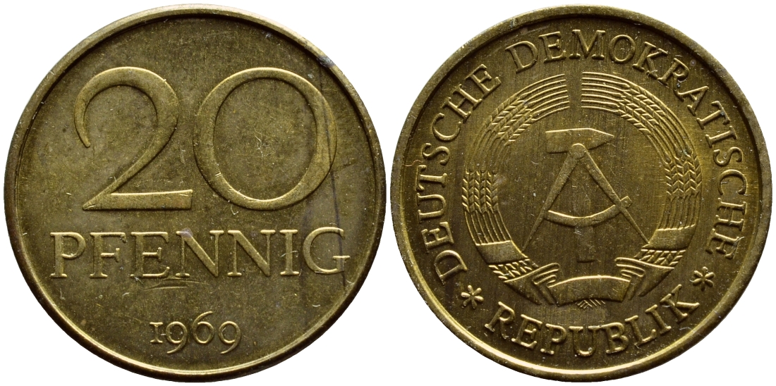 ГДР 20 пфеннигов 1969 А, первый год KM 11 латунь UNC 4397-427