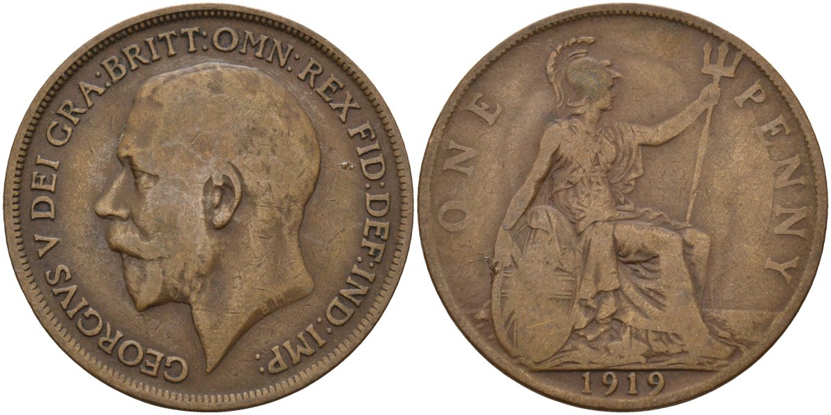 Великобритания 1 пенни 1919 Георг V (1910-1936) KM 810, Spink 4051 бронза 4144-511