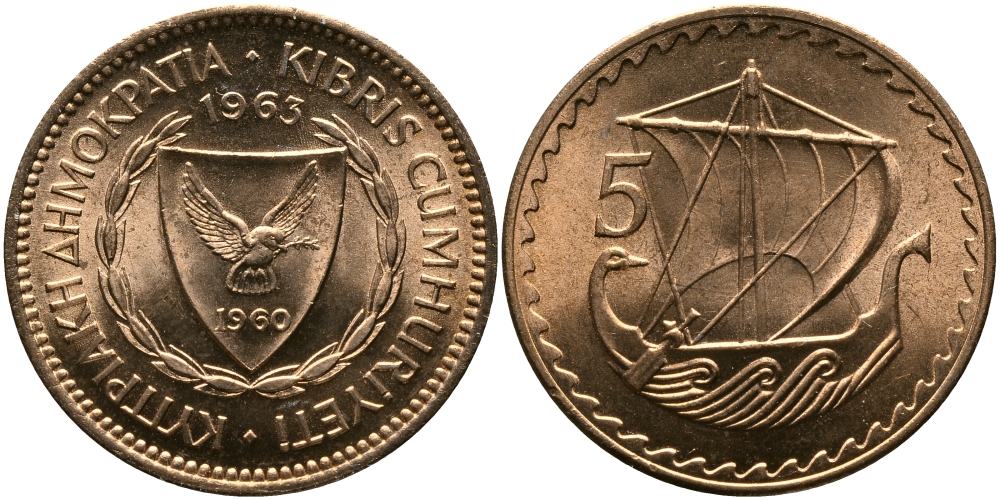 Кипр 5 милсов 1963 парусник KM 39 бронза aUNC 33-742