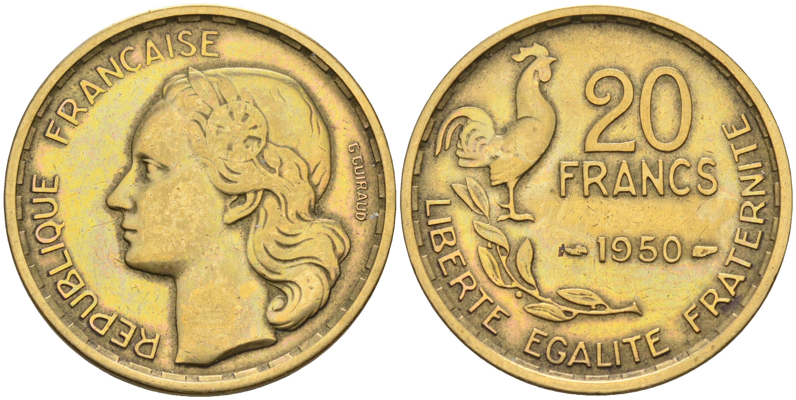 Франция 20 франков 1950 4 пера KM 916.1 алюминиевая бронза    4595-455