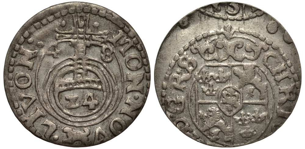 Ливония, Рига 1/24 талера 1648 Шведская оккупация, Кристина (1632-1654), минтмарк собака, вес 1,01 гр. KM 3 серебро 1516-615