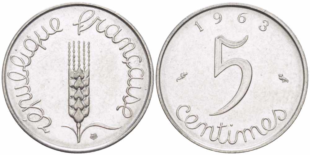ФРАНЦИЯ 5 САНТИМОВ 1963 ПЯТАЯ РЕСПУБЛИКА KM 927, LE FRANC 124.5 хромированная сталь 105-428