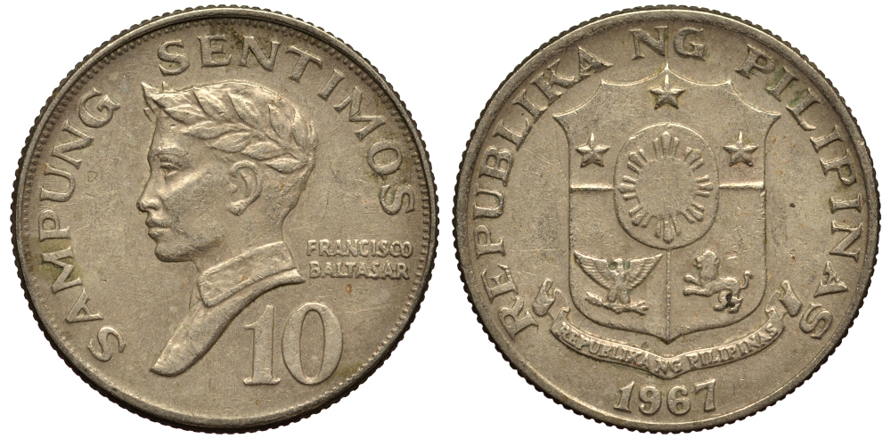 ФИЛИППИНЫ 10 СЕНТИМО 1967 ПОЭТ ФРАНСИСКО БАЛЬТАСАР KM 198 медь цинк никель VF 4181-253