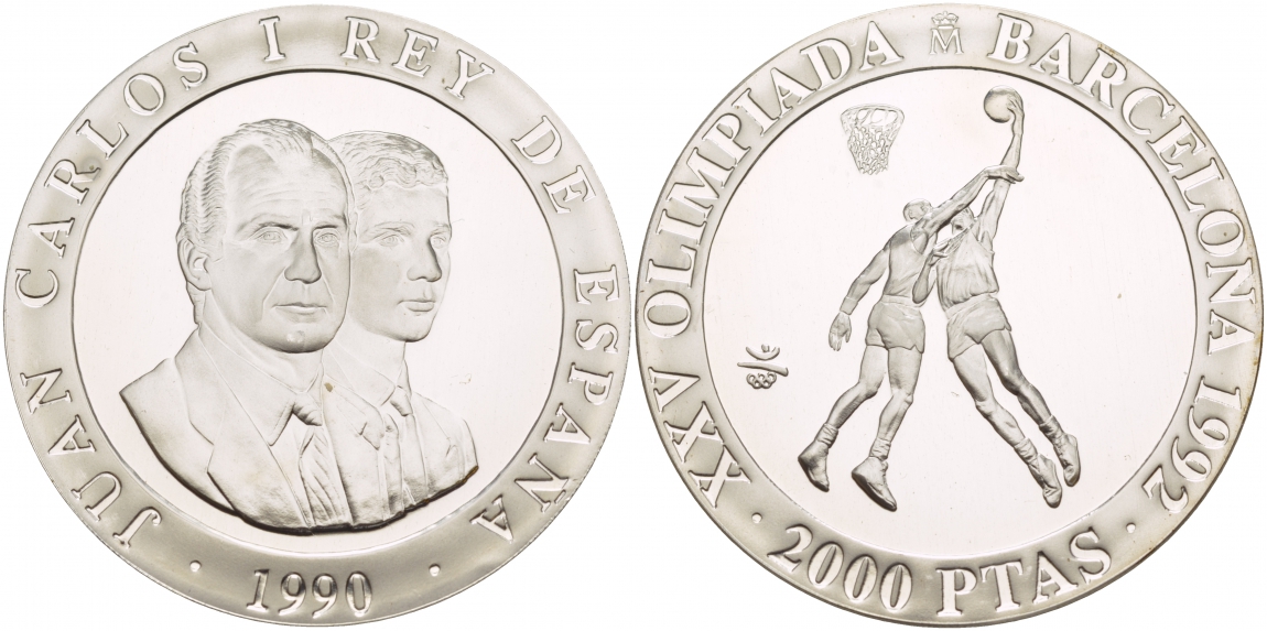 Испания 2000 песет 1990 XXV летние Олимпийские игры 1992 года в Барселоне, баскетбол KM 866 серебро PROOF 1088-8-63