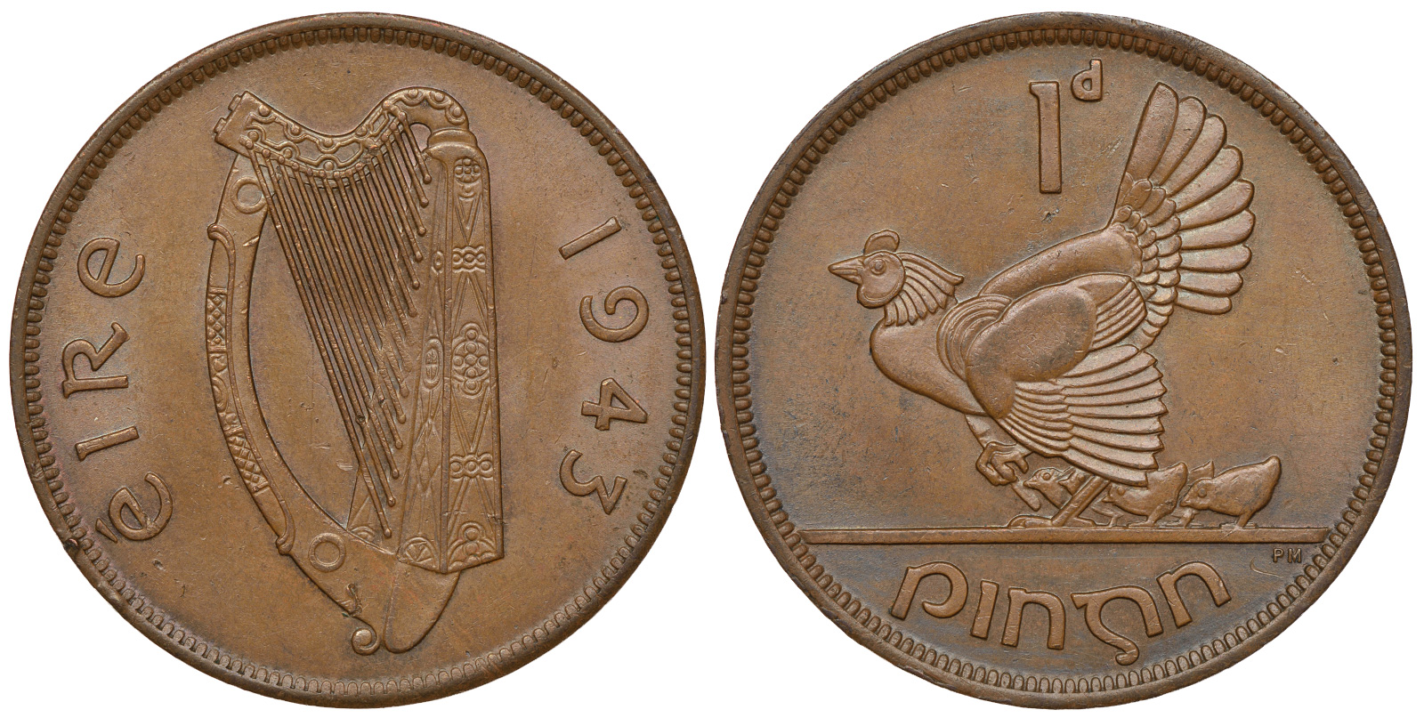 ИРЛАНДИЯ 1 ПЕННИ 1943 КУРИЦА С ЦЫПЛЯТАМИ KM 11 бронза 4389-733