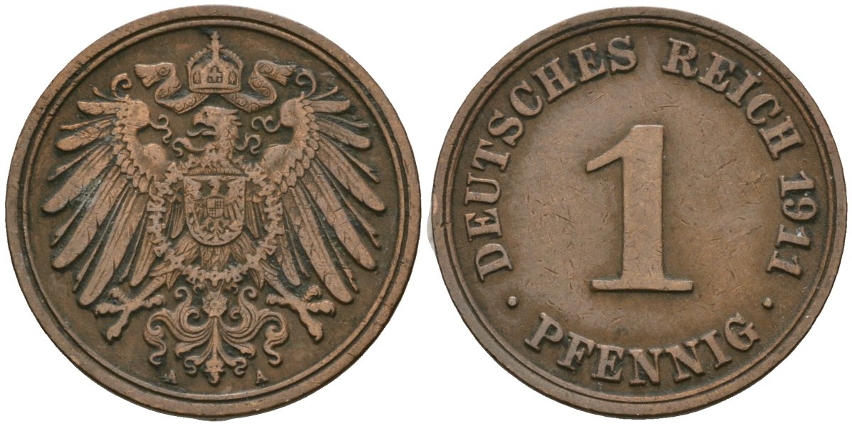 Германия 1 пфенниг 1911 A, Вильгельм II (1888-1918) KM 10, J. 10 медь 4608-119