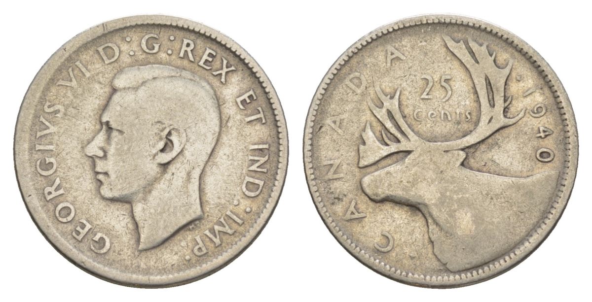 Канада 25 центов 1940 Георг VI (1936-1952), олень KM 35 серебро 4631-851