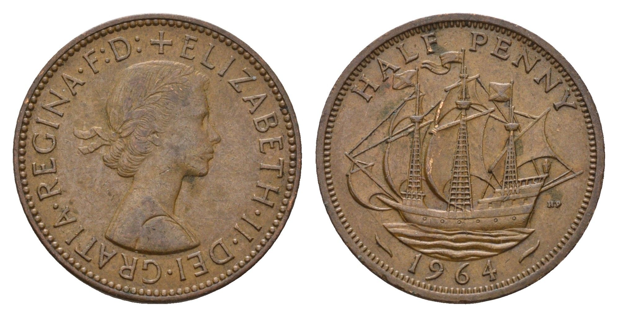 Великобритания 1/2 пенни 1964 Елизавета II (1952-2022) KM 896, Spink 4158 бронза 92-555