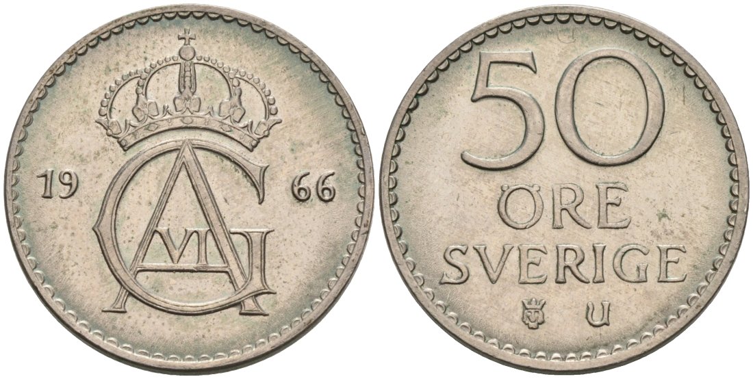 Швеция 50 эре 1966 U, Густав VI Адольф (1950-1973) KM 837 медно-никель 4571-613