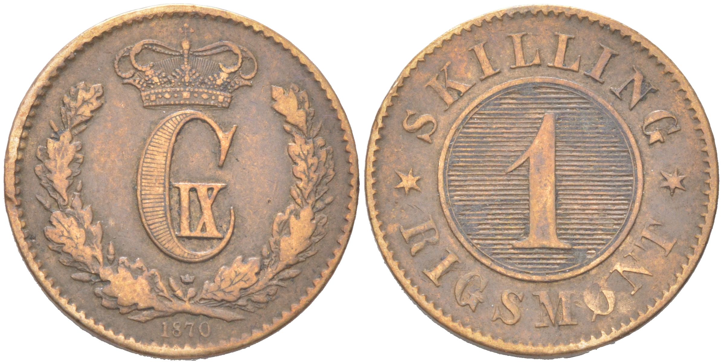 Дания 1 скиллинг-ригсмёнт 1870 Кристиан IX (1863-1906) KM 774 бронза 4621-1011