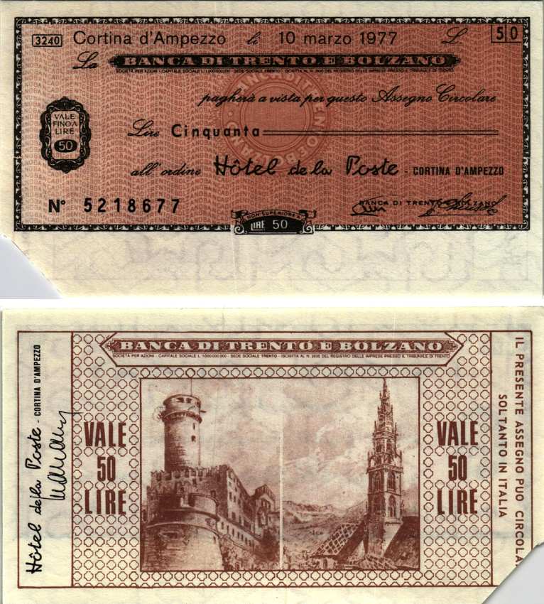 Италия 50 лир 1977 10 марта 1977 Banco Di trento e bolzano бумага 7222-61-3-1