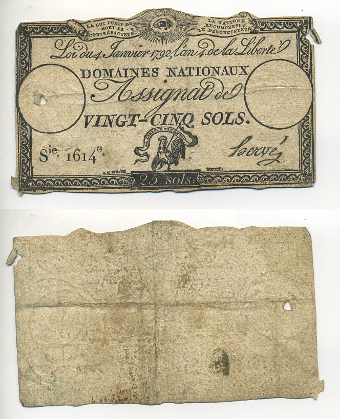 ФРАНЦИЯ 25 СОЛЕЙ 1792 4 ЯНВАРЯ 1792, СЕРИЯ 1614, ПЕРВЫЙ ВЫПУСК Pick А55 бумага 7552-25-3-2