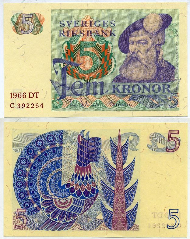 Швеция 5 крон 1966 DT, Густав I Ваза Pick 51a бумага aUNC 2192-6-2