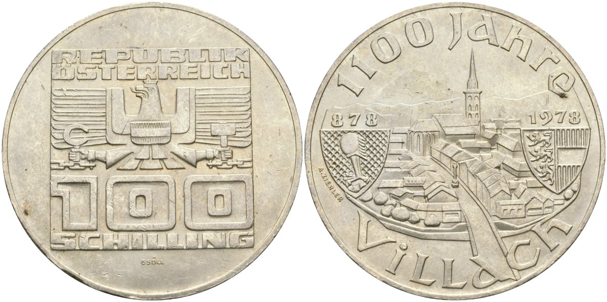 Австрия 100 шиллингов 1978 1100 лет городу Филлах KM 2940 серебро UNC 02-118-43